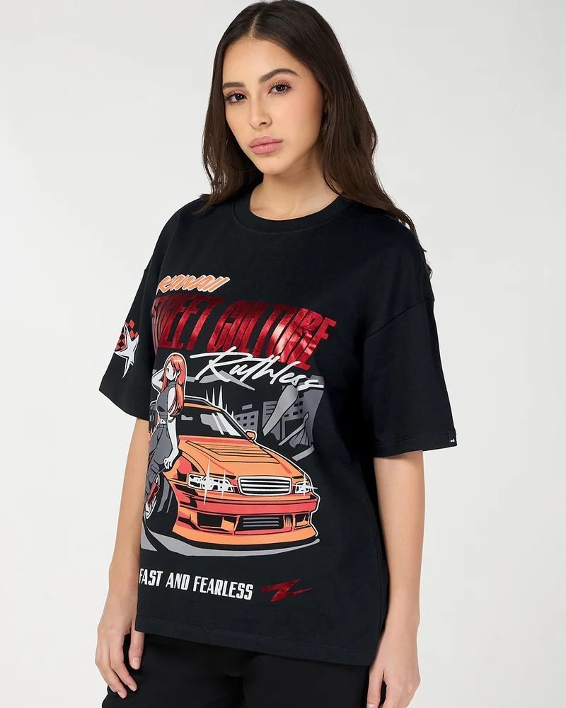 بيواكوف Women's Jet Black Kawaii Racing Graphic Printed Oversized T-shirt